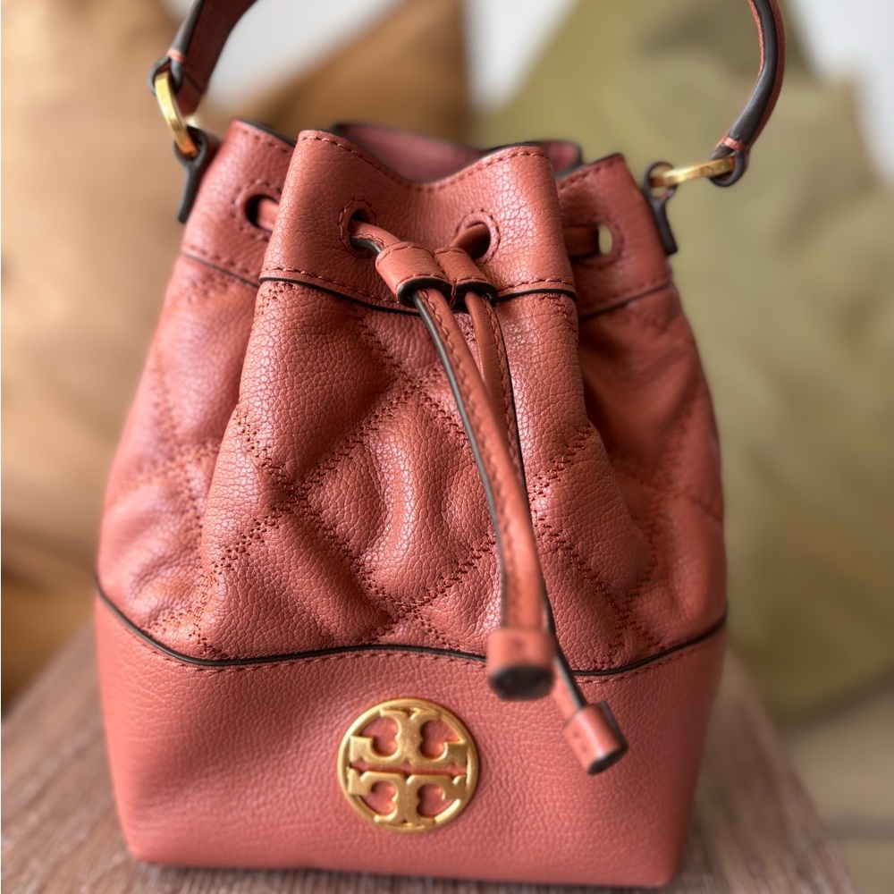 Tory Burch Brown Quilted Leather Bucket Bag